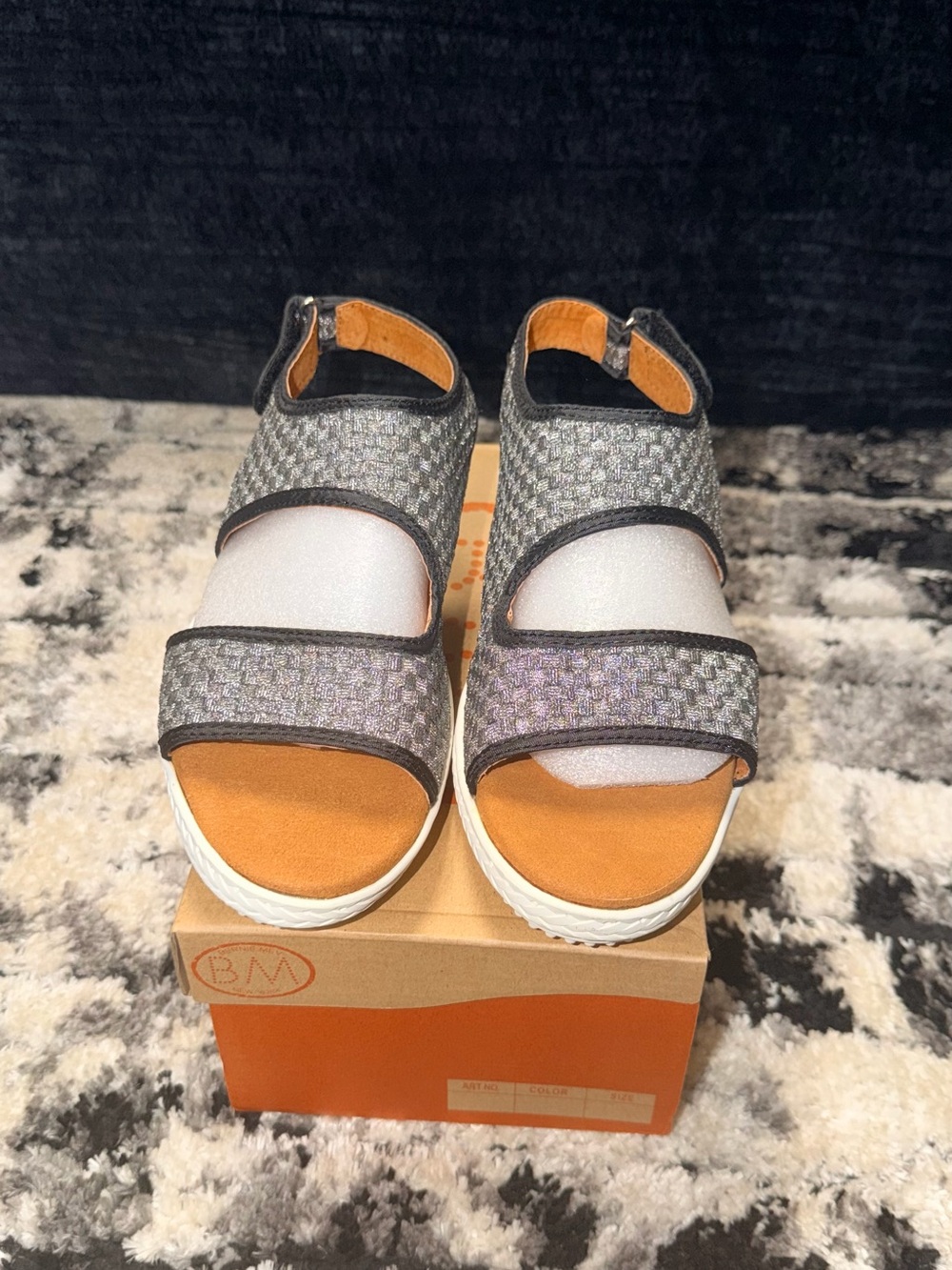 bernie mev. Gray Woven Strap Sandals with Orange Footbed